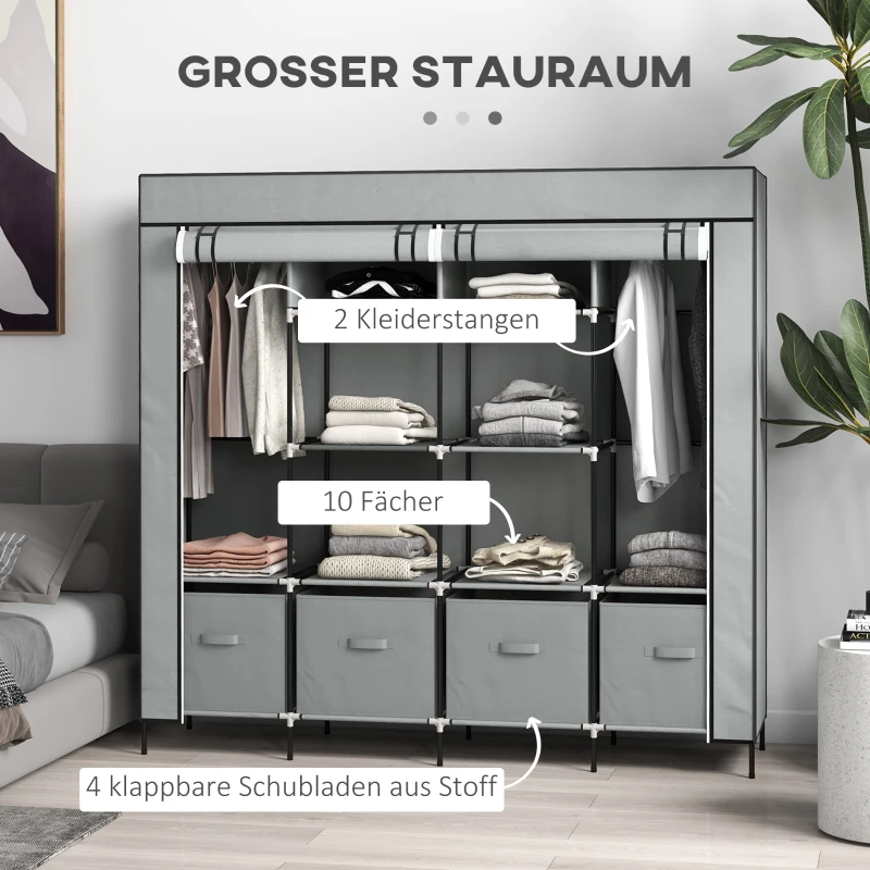 HOMCOM Kleiderschrank Stoffschrank, Türen, 2 Kleiderstangen, 10 Fächer, Grau(m-4)