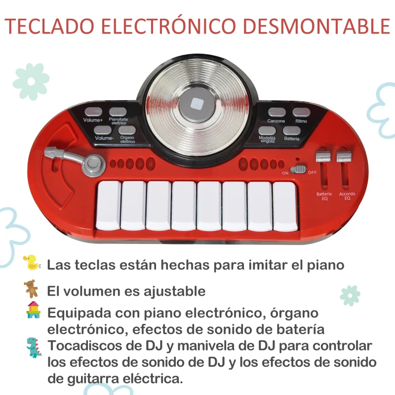 HOMCOM Batería Infantil con Taburete, Jazz Batería Infantil con 4 Tambores, Micrófono, Platos, Baquetas Teclado, Instrumento Musical para Niños +3 Años, Rojo