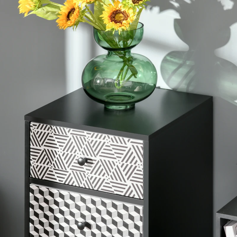 HOMCOM Mobile Cassettiera 5 Cassetti Fantasia Geometrica, Arredamento Moderno Camera e Ingresso, 40x40x111.5cm Nero Grigio