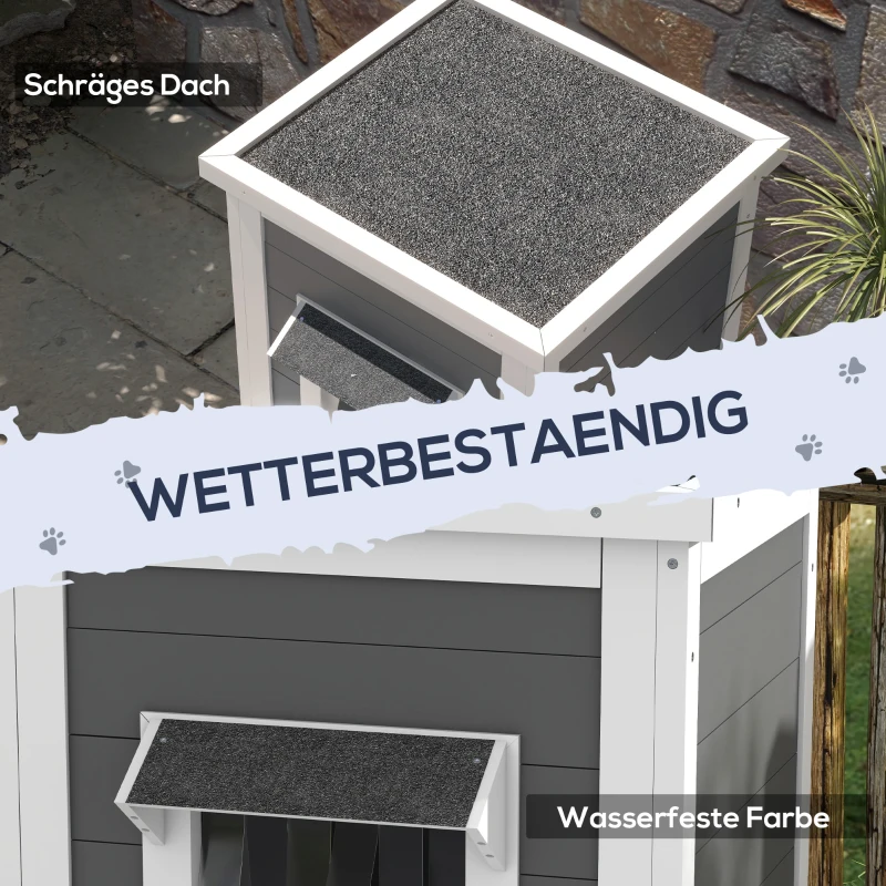 PawHut Katzenhaus, Katzenhütte, Outdoor, Wetterbeständig, 60 cm x 60 cm x 81.5cm, Weiß + Grau