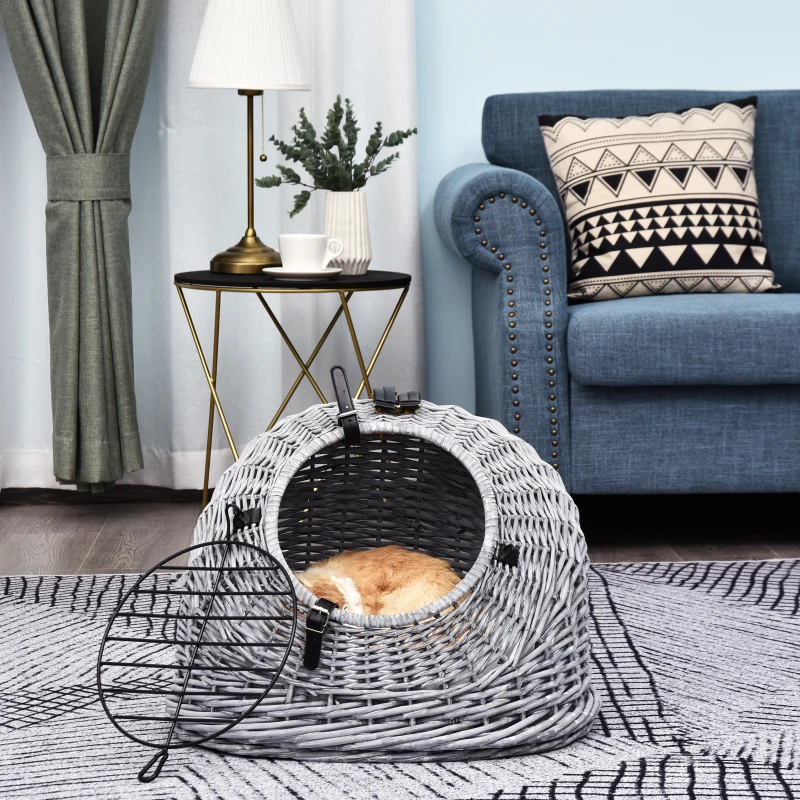 PawHut Cestino per Gatti Fino 5Kg in Vimini, Trasportini Gatti Vimini, Naturale Grigio con Cuscino Incluso (47cm x 35cm x 35cm)