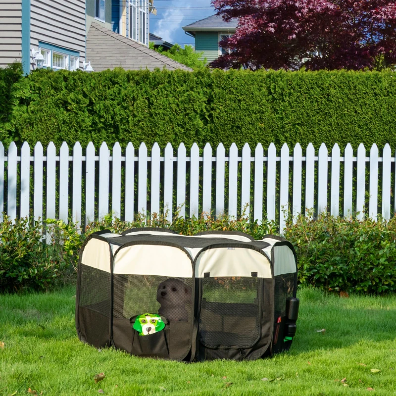 PawHut Freigehege, Welpenauslauf, klappbar, Deck- und Bodenplane, Stahlrahmen, Cremeweiß+Schwarz, 118 x 118 x 62 cm