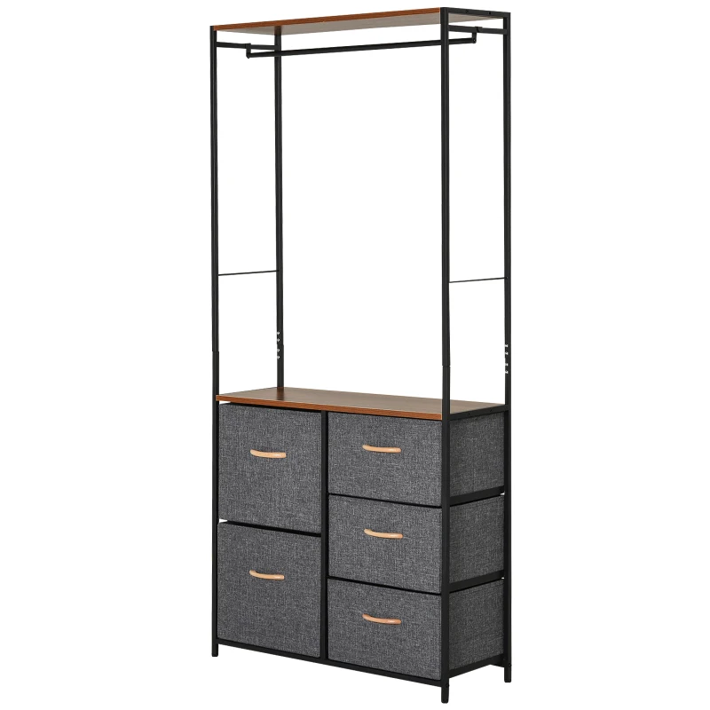 Armario Ropero Abierto Almacenaje Hecho de Metal Plegable con 5 Cajones Extraíbles Apto para Salón Oficina Dormitorio Estudio con Barra para Colgar Estilo Moderno Negra Gris 83x28x175cm