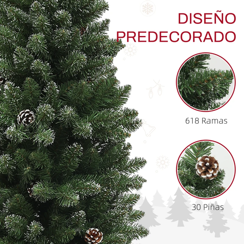 HOMCOM Árbol de Navidad Artificial 180 cm con 618 Ramas 30 Piñas y Soporte de Metal Árbol Navideño para Salón Interior Verde