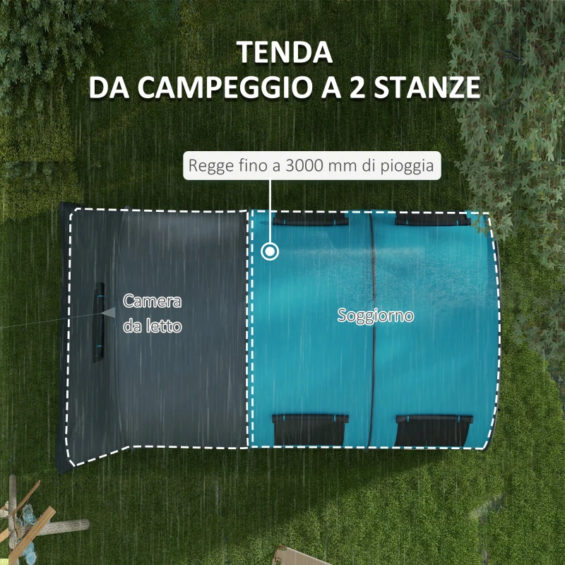 Outsunny Tenda da Campeggio 3 Posti Impermeabile con Zona Notte e Giorno, in Poliestere, 480x260x200 cm, Grigio e Blu