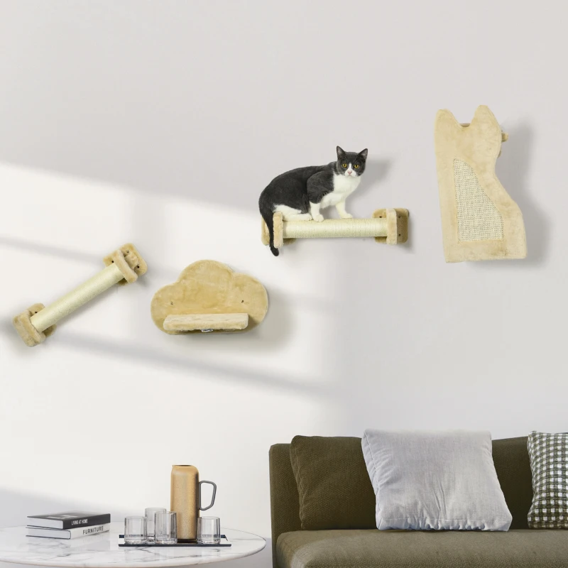 PawHut Katzentreppe, 4-tlg. Set, 2 Stufen mit Kratzflächen, Sitzplattform mit Plüschbezug, Kratzbrett, beige