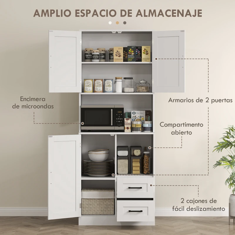 HOMCOM Armario de Cocina con Puertas Compartimentos Abiertos Cajones y Estantes Ajustables 70x40x180 cm Blanco