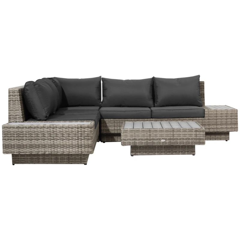 Outsunny 4 PCs Rattan Garden Furniture Outdoor Sectional Corner Sofa and Coffee Table Set  Conservatory Wicker Weave Furniture with Armrest and Cushions - Light Grey
