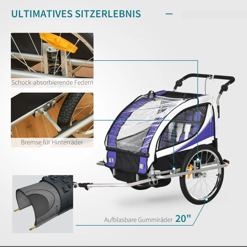 HOMCOM Kinderfahrradanhänger für 2 Kinder inkl. Reflektoren u. Fahne Blau+ Weiß + Schwarz
