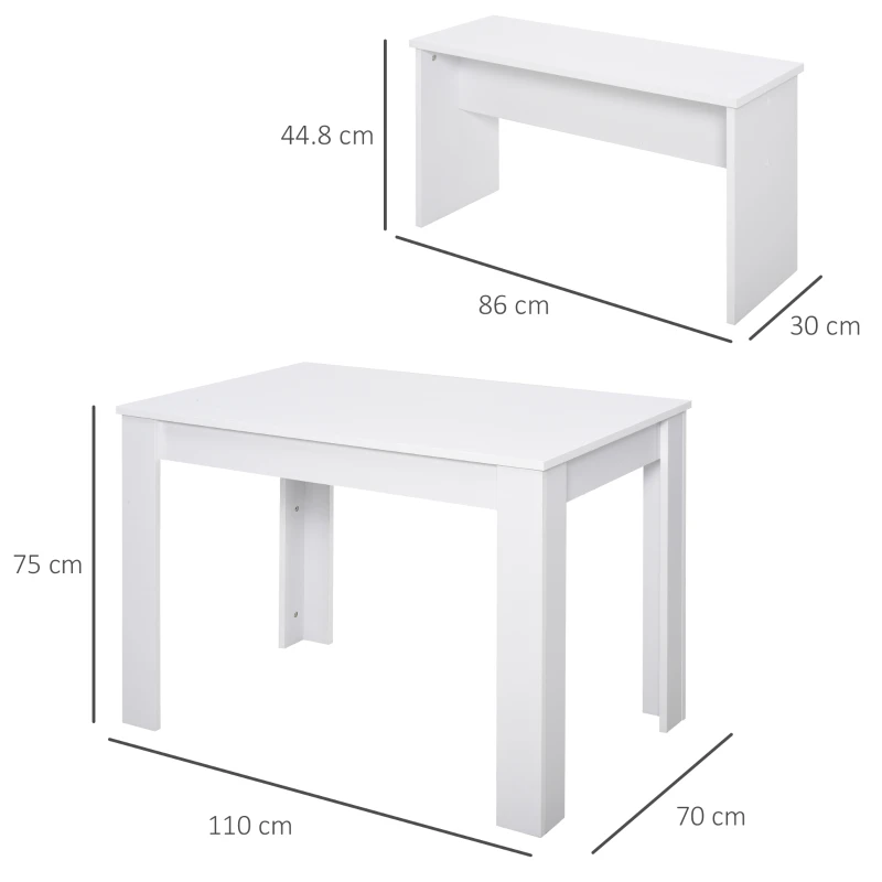 HOMCOM Set 3 Pezzi Tavolo con 2 Panche per Cucina, Bar o Sala da Pranzo Moderna, in Legno Bianco, 2 Posti, 110x70x75cm