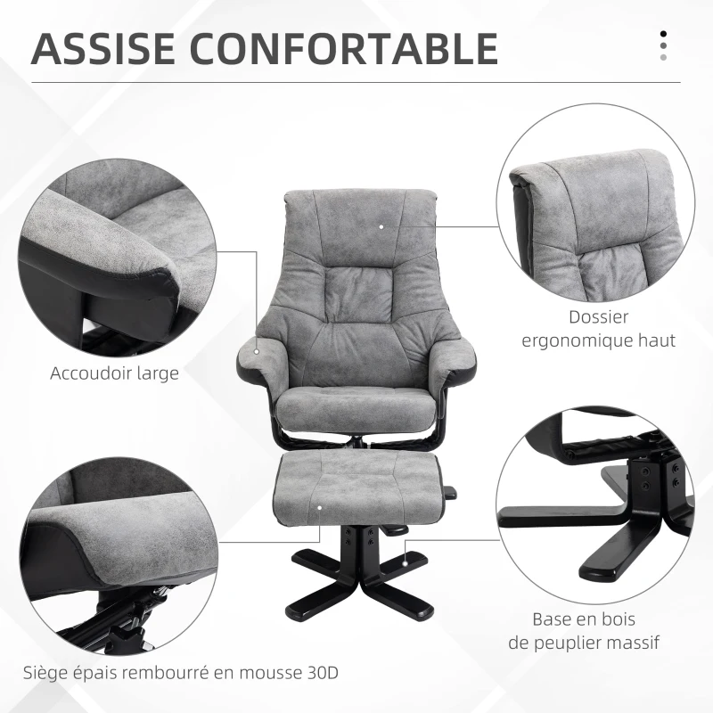 HOMCOM Fauteuil relax inclinable 135° pivotant 360° avec repose-pieds revêtement microfibre gris