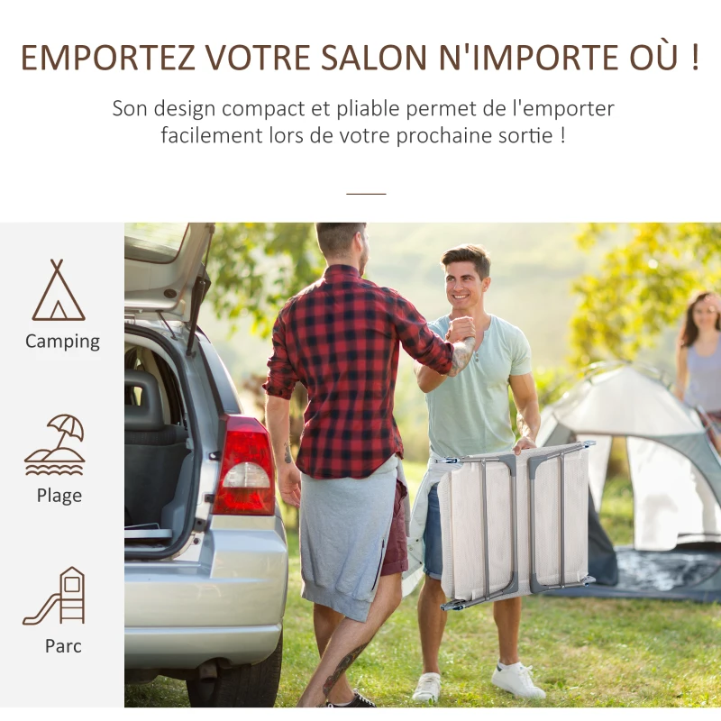 Outsunny Bain de soleil transat chaise longue inclinable pliable avec oreiller dossier réglable sur 5 niveaux crème