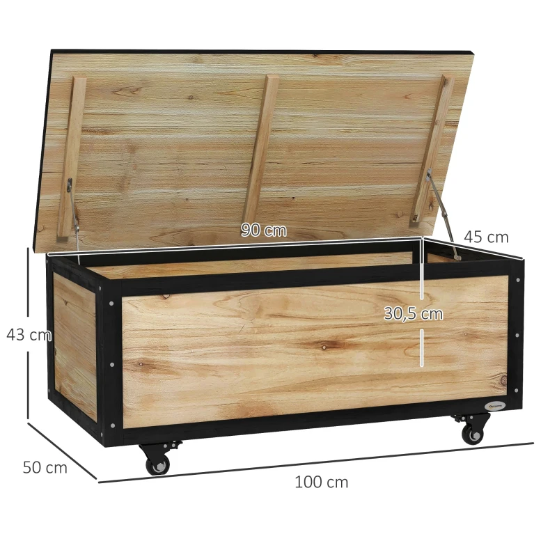 Outsunny Garten-Aufbewahrungsbox, 121 Liter, 2 Räder, wetterfest, Metallscharniere, Naturholz, 100x50x43 cm(m-3)
