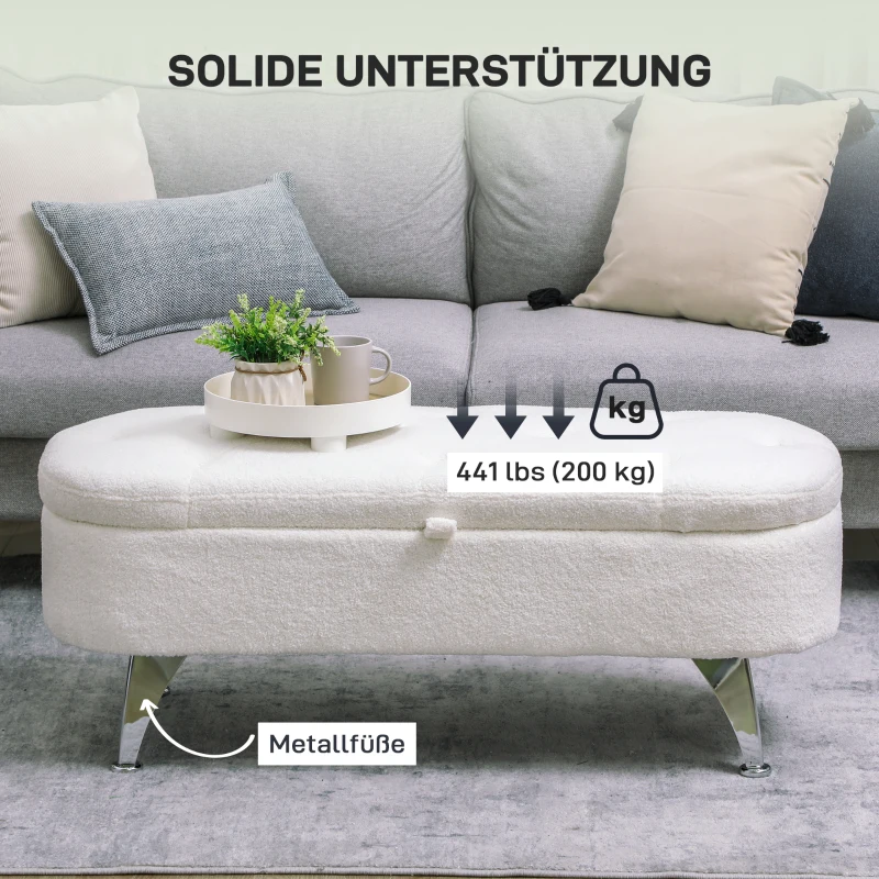 HOMCOM Sitzbank mit Stauraum, Deckel und Metallbeinen für Wohnzimmer, Schlafzimmer, Flur, Weiß(m-7)