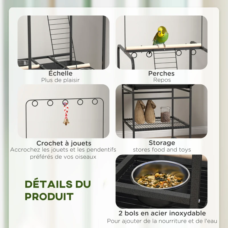 PawHut Aire de jeu sur roulettes pour oiseaux 3 perchoirs en bois 1 échelle 2 mangeoires en inox 155 cm gris foncé