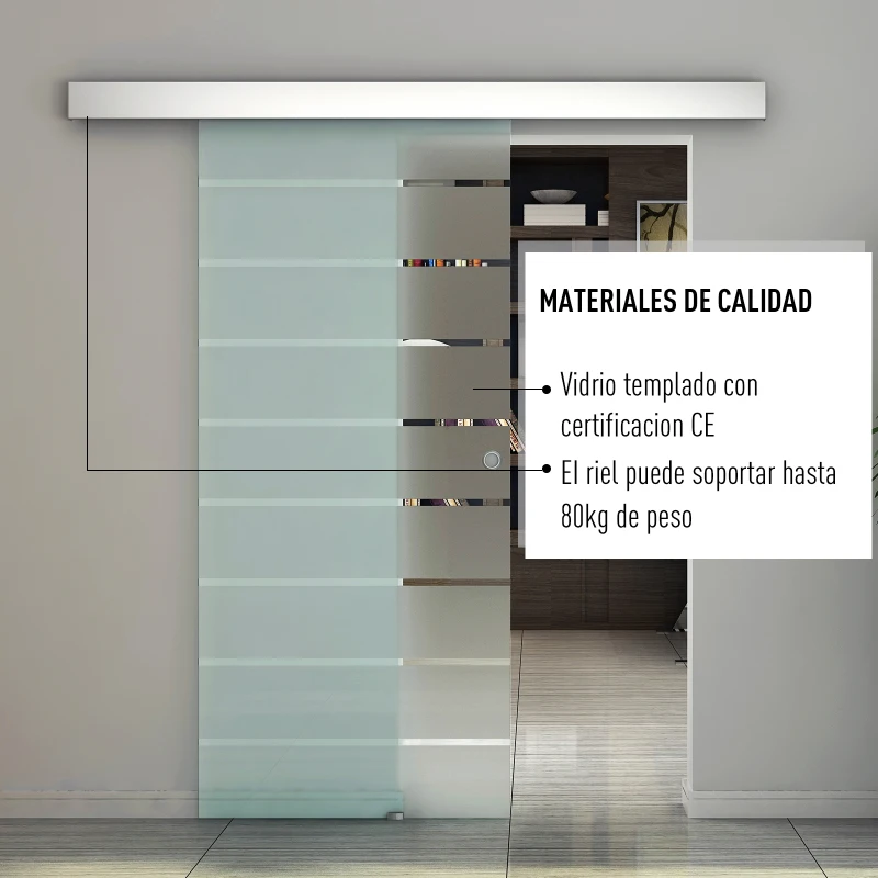 HOMCOM Puerta Corredera Cristal Puerta Corrediza Deslizante de Vidrio Esmerilado a Rayas Puerta Corredera Moderna Riel Alumino 90x205cm para Baño Cocina Dormitorio Oficina