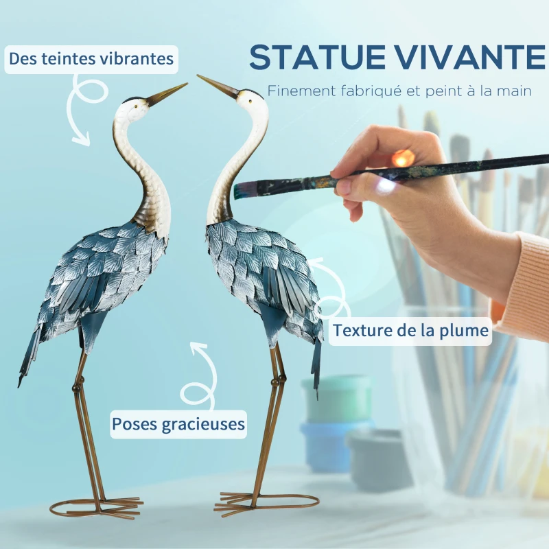 Outsunny Lot de 2 statues de jardin sculpture de la grue décoration d'oiseau extérieure acier pour terrasse balcon cour pelouse