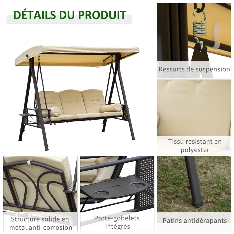Outsunny Balancelle de Jardin 3 Places Grand Confort Toit Inclinaison réglable Coussins Plateaux rétractables Polyester filé Beige