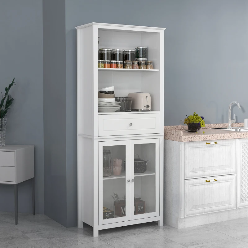 HOMCOM Tall Kitchen Cupboard, Kitchen Unit with Tempered Glass Doors, Drawer, Open and Adjustable Shelves and Cushioned Hinges, Dining Room Living Room