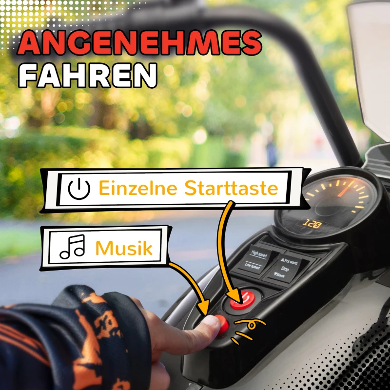 AIYAPLAY Elektro-Kindermotorrad, 3-5 km/h, Chopper, Licht & Musik, für Kinder 3-6 Jahre, Schwarz