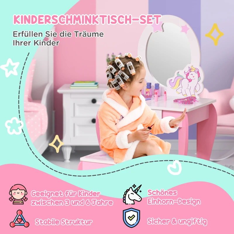 HOMCOM 2-Set Kinderschminktisch mit Hocker Frisiertisch Frisierkommode mit Schublade Spiegel für Kleinkind Mädchen Akryl Rosa+Weiß 49 x 34 x 90 cm