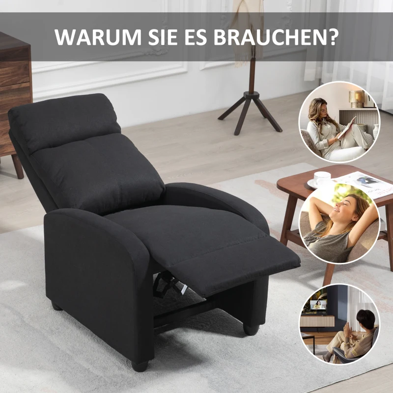 HOMCOM Relaxsessel, verstellbar 135°, ausziehbare Fußstütze, gepolsterte Lehnen, Leinen-Polyester, Schwarz