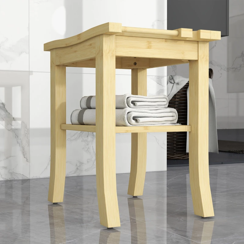 HOMCOM Tabouret banc de douche en bambou avec étagère de rangement, porte-serviettes dim. 42L x 29l x 43H cm, naturel