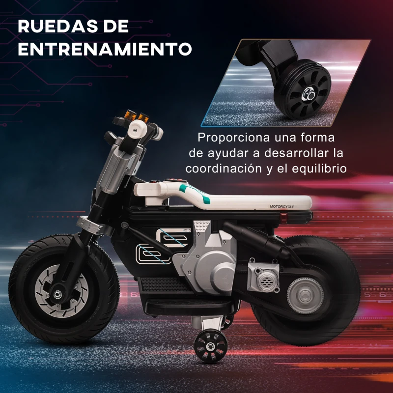HOMCOM Moto Eléctrica Infantil con Faros Música Bocina Velocidad 3 km/h para Niños de 3-5 Años 86x44x58cm Negro y Blanco
