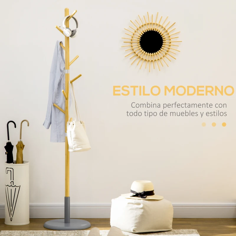 HOMCOM Perchero de Entrada Recibidor con 8 Ganchos para Colgar Ropas Bolsas en Forma de Árbol Ø37,8x175,6 cm Natural y Gris