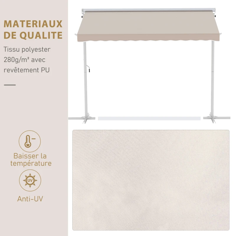 Outsunny Store Double Pente 3 x 3 m Manuel rétractable Inclinaison réglable Acier époxy Blanc Polyester imperméabilisé Anti-UV Beige