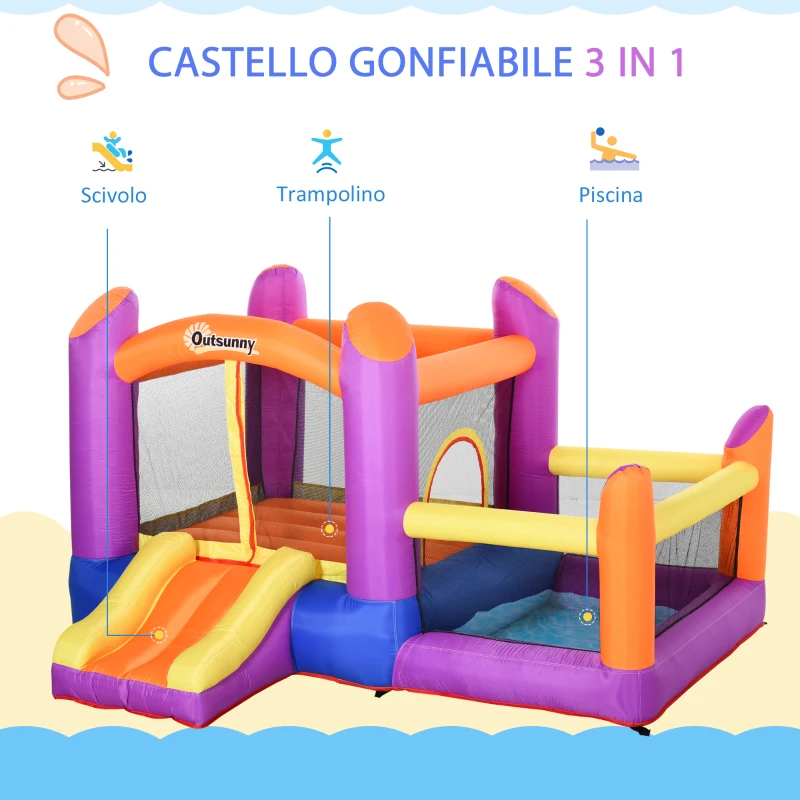 Outsunny Castello Gonfiabile per Bambini da Giardino, Parco Acquatico Gionfiabile con Scivolo, Trampolino e Piscina , Multicolor, 280x 250x170cm