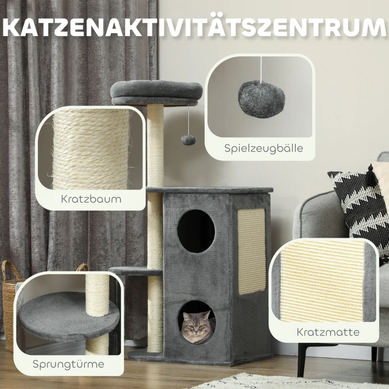 PawHut Katzenbaum für den Innenbereich, 111 cm, Kratzbaum mit Katzenbett, Sisal-Kratzpfosten, Spielball, Sprungplattform, Grau