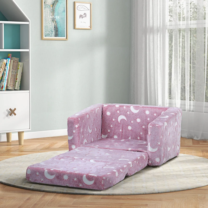 AIYAPLAY 2 in 1 Kids Folding Bed Armchair with Glow in The Dark Cosmic Design, Washable Cushion and Cover, Pink