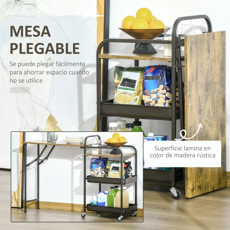 HOMCOM Carro de Cocina con Ruedas Carrito Auxiliar con Estantes de 3 Niveles Hoja Abatible y 2 Portavasos Multiusos para Comedor 118x36,5x82 cm Marrón Rústico