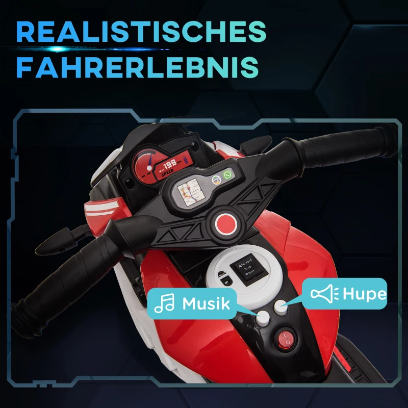 HOMCOM Elektro-Kindermotorrad, Lichter & Geräusche, 3 km/h, wiederaufladbar, Kunststoff & Metall, Schwarz/Rot(m-4)