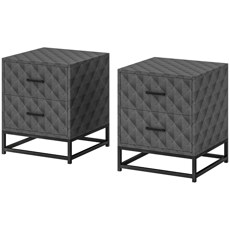 HOMCOM Bedside Tables Set of 2, Modern Bedside Table Nightstand with 2 Drawers, Bedside Cabinet Sofa Side Table with Storage, Steel Legs for Bedroom, Living Room, Grey
