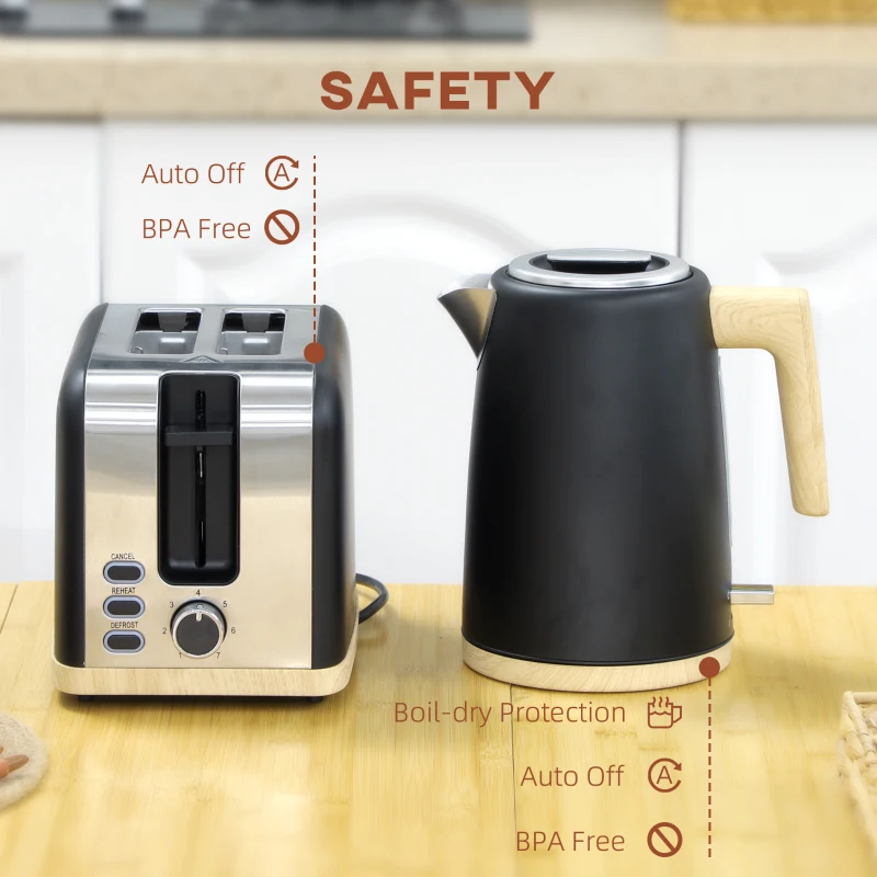 HOMCOM Stainless Steel Kettle and Toaster Set, 1.7L 3000W Fast Boil Kettle & 2 Slice Toaster Kitchen Set with 7 Level Browning Controls, Defrost, Reheat, Auto Off, Boil-dry Protection, Black