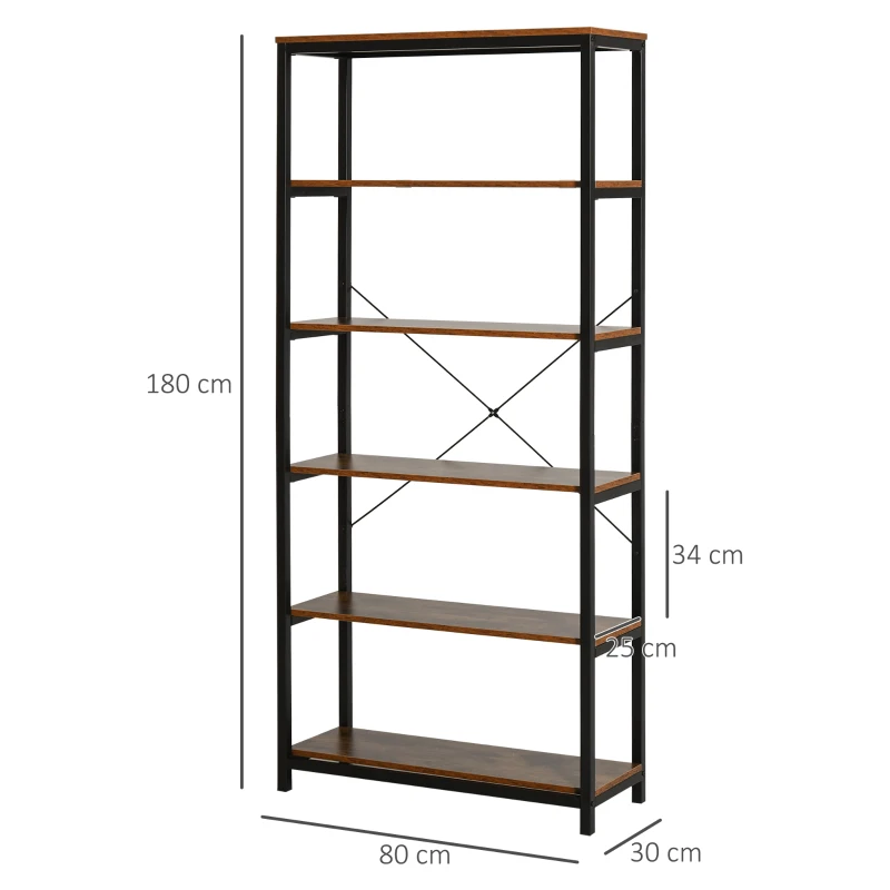 HOMCOM Bücherregal mit 5 Fächer, Standregal, Industriestil, Wohnzimmer, Schlafzimmer, Büro, E1 Spanplatte, Braun, 80 x 30 x 180 cm