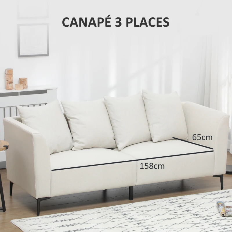 HOMCOM Canapé 3 places style contemporain avec 4 coussins piètement acier noir revêtement tissu aspect lin crème