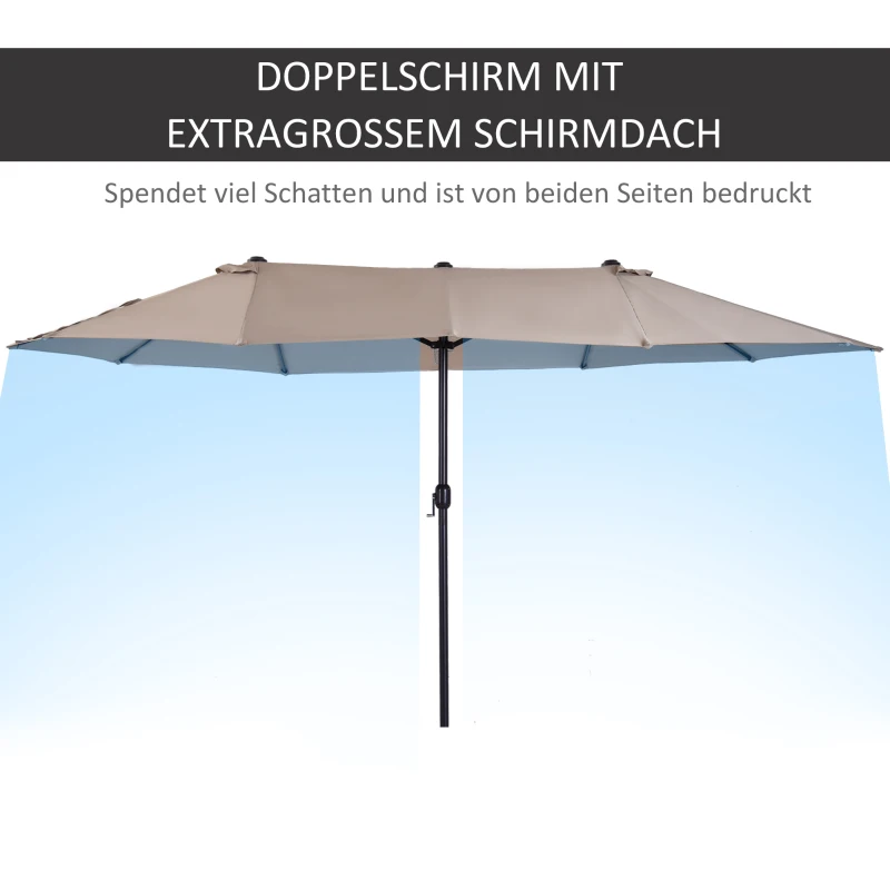 Outsunny Doppelsonnenschirm 455 x 270 cm Gartenschirm mit Handkurbel oval stabil Metallstange Marktschirm Doppelsonnenschirm Terrassenschirm Sonnenschutz für Strand Balkon Terrasse Garten Hellkaffee