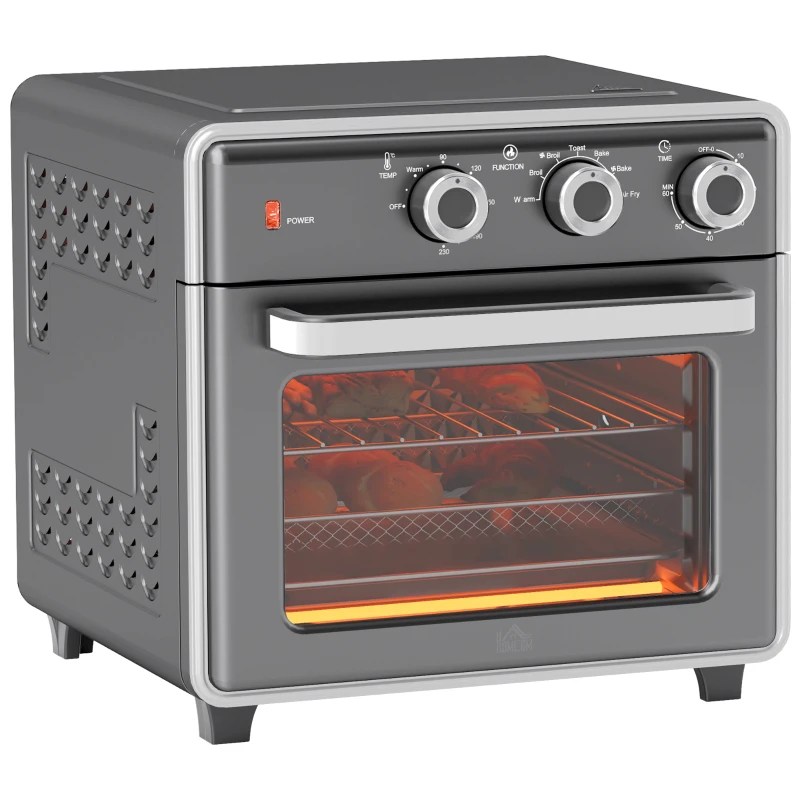 HOMCOM Minibackofen, 20L, 5 Funktionen, 360° Heißluft, Grillrost, Krümelblech, Grau(m-10)