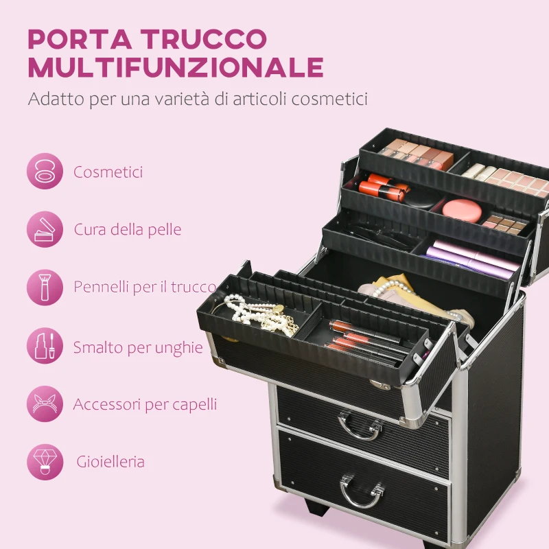 HOMCOM Trolley Valigetta Porta Trucchi Professionale, Blocco con 2 Chiavi e Ruote, Nero 36x23x52cm