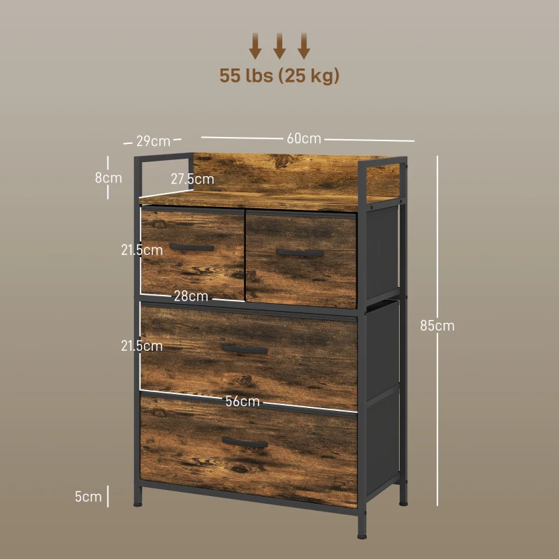 HOMCOM Rustic Chest of Four Fabric Drawers - Rustic Brown