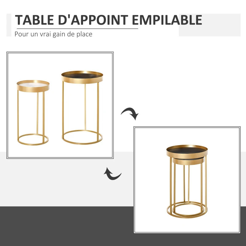HOMCOM Tables gigognes Lot de 2 Tables Basses Rondes Design Style Art déco Ø 39 et Ø 30 cm métal doré MDF Blanc et Noir