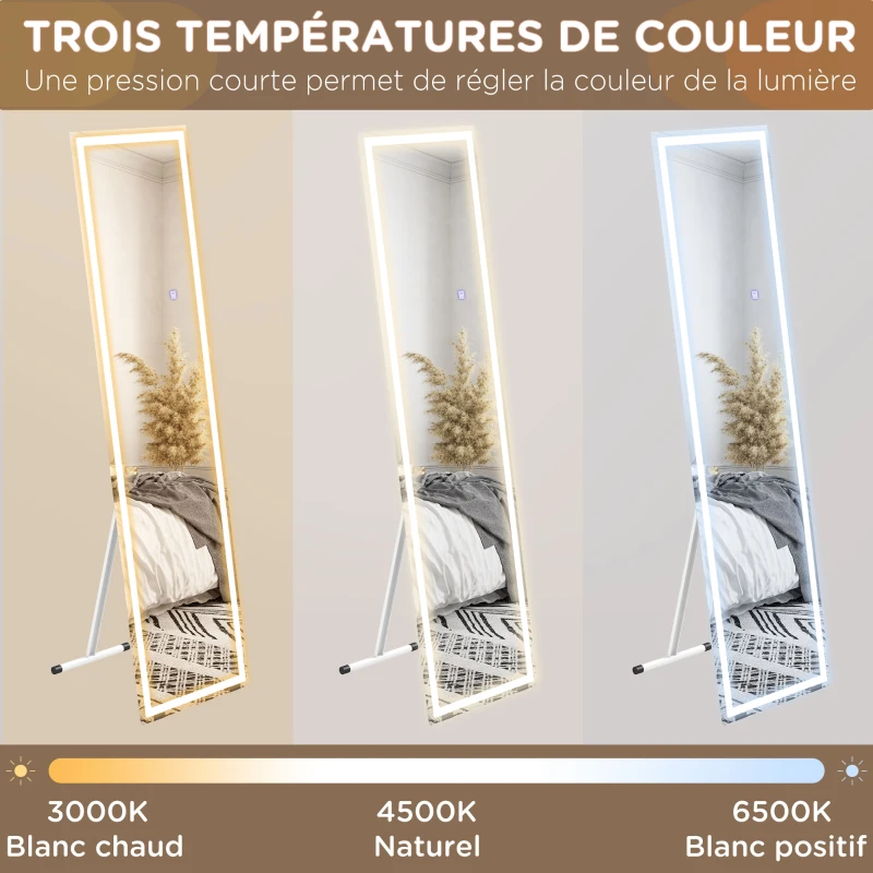 HOMCOM Miroir rectangulaire sur pied intégral pleine longueur avec éclairage LED à poser ou mural 150 x 40 cm blanc