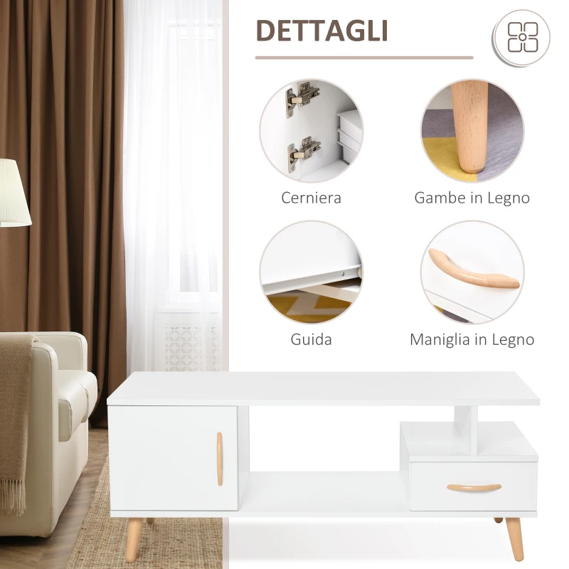 HOMCOM Tavolino da Salotto Moderno con Anta e Cassetto, Tavolino da Caffè per Soggiorno e Ufficio Bianco, 100x50x40cm