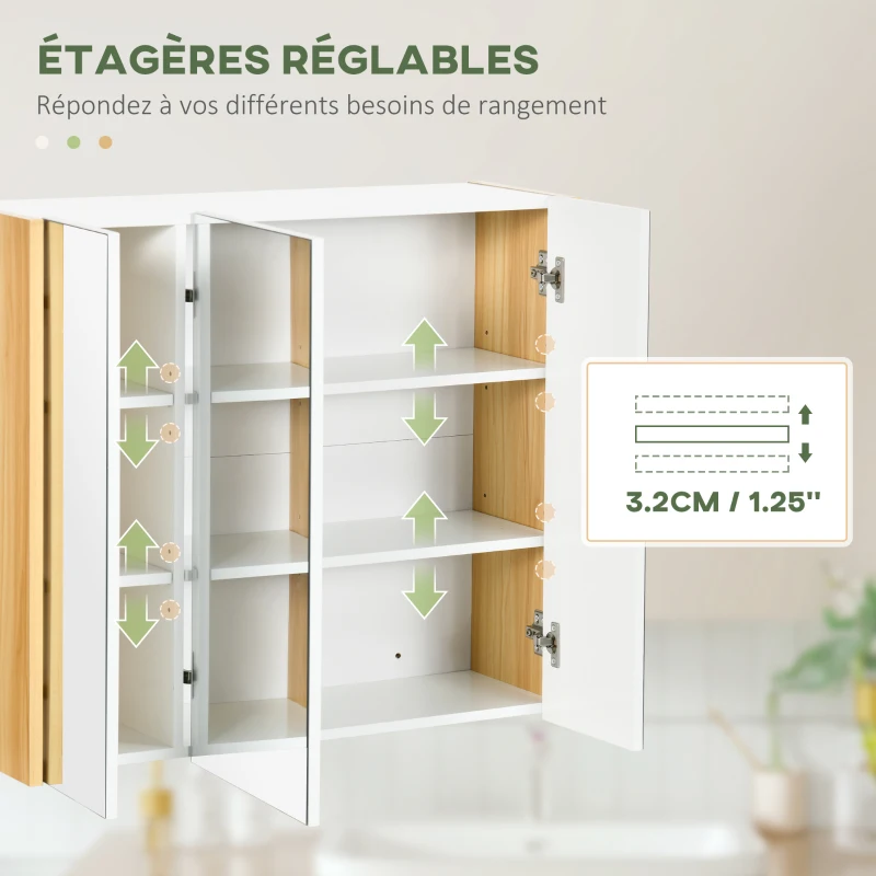 kleankin Armoire miroir salle de bain armoire de toilette miroir 3 portes 4 étagères réglables 68 x 22 x 60 cm blanc