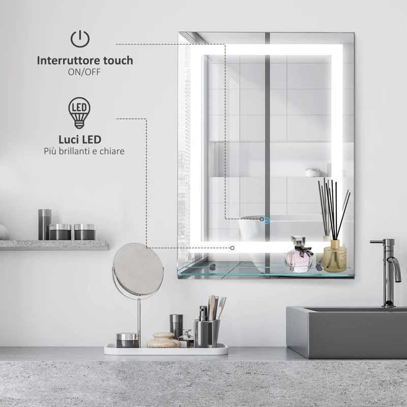 Kleankin Specchio da Bagno Luci a LED, Interruttore Touch Mensola in Vetro con Utensili per Montaggio a Parete 70x50cm