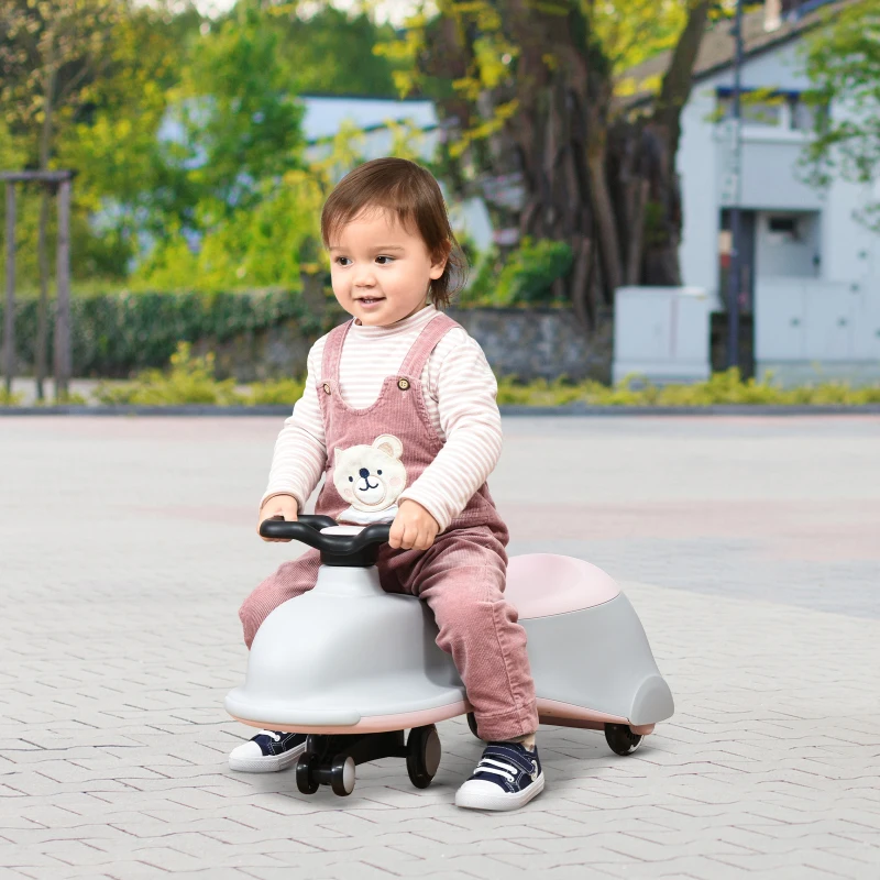 HOMCOM Porteur Enfant - Voiture dandineuse - Voiture de Torsion Pivotante - 4 Roues PU Lumineuses LED - pour Intérieur et Extérieur max. 50 KG métal PP Gris Rose