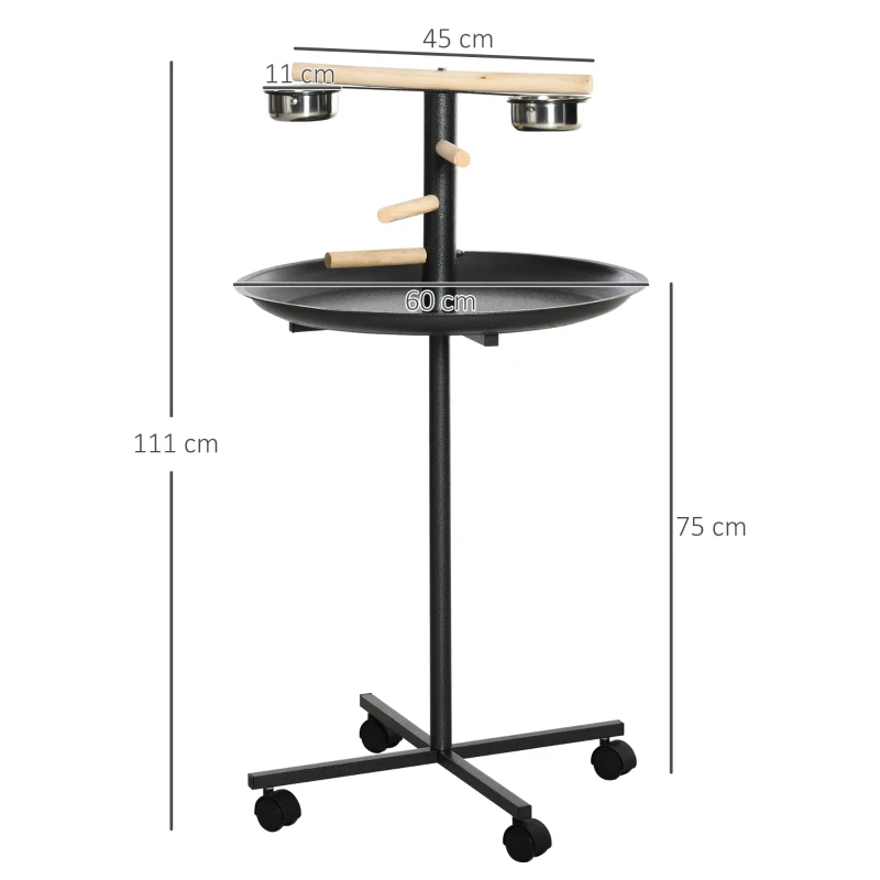 PawHut Parrot Perch Stand, Large Bird Play Stand, Metal Bird Table Feeder Station with Stainless Steel Bowls, Four Wheels, Round Tray, Black